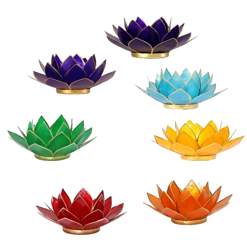 7-lotus-kerzenhalter-im-set-13-5-cm-rot-orange-gelb-gruen-blau-indigo-violett 7 Teelichthalter aus Capiz Muscheln ca. 13,5 cm
